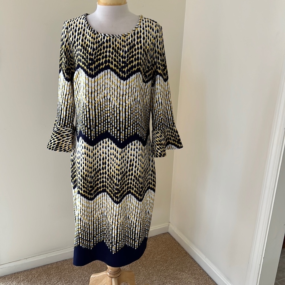 ILE New York SZ 12, white/yellow multi bell sleeve dress.
